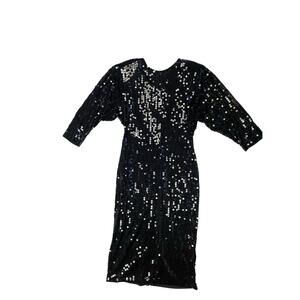 Vintage 80s Oleg Cassini Black Sequin 3/4 Sleeve Dress Low Back